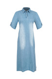 Blue Washed Turn Down Collar Side Split Denim Maxi Dress
