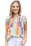 Multicolor Striped Print High Neck Flutter Top