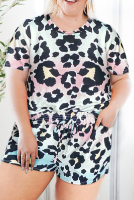 Leopard Tie Dye Print Short Sleeve Lace-up Waist Plus Size Lounge Set