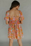 Orange High Waist Square Neck Puff Sleeve Floral Dress