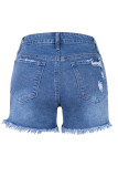 Blue Washed Ripped Stretched Denim Shorts