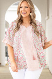 Pink Plus Size Dotty Floral Patchwork Tassel Tie V Neck Top