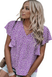 Purple Floral Print Ruffle Sleeve Blouse