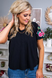 Black Floral Embroidered Bubble Sleeve Frill V Neck Top