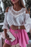 White Lace Patchwork Cold Shoulder 3/4 Sleeve Blouse