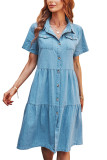 Blue Washed Denim Open Button Tiered Dress