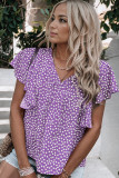 Purple Floral Print Ruffle Sleeve Blouse