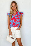 Red Floral Ruffled Cap Sleeve V-Neck Shift Blouse