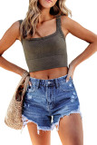 Blue Washed Ripped Stretched Denim Shorts