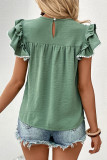 Green Pleated Pom Pom Trim Ruffled Sleeve T Shirt
