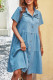 Blue Washed Denim Open Button Tiered Dress