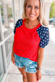 Red Lace Overlay Contrast Star Sleeve Flag Day T Shirt