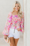 Pink Watercolor Abstract Print Pleated Long Sleeve Blouse