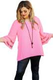 Pink Plus Size Mesh Striped Bell Sleeve Blouse