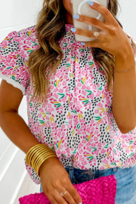 Pink Multicolor Abstract Print High Neck Flutter Sleeves Top