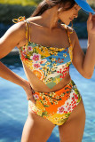 Multicolor Floral Print Overlap Bikini High Waist Swimsuit