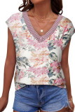 Pink Floral Print Lace Splicing Sleeveless Blouse
