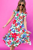 Multicolor Flutter Sleeve V Neck High Waist Floral Midi Dress