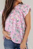 Pink Multicolor Abstract Print High Neck Flutter Sleeves Top