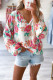 White Notch V Neck Floral Pleated Puff Sleeve Blouse