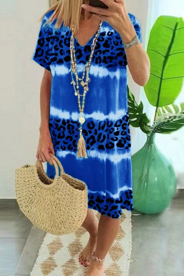 Blue Tie Dye Leopard Print T-Shirt Dress
