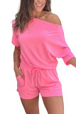 Pink Asymmetrical Short Sleeves Drawstring Pocket Romper