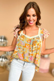 Multicolor Lace Trim Mix Floral Printed Contrast Ruffle Sleeve Blouse