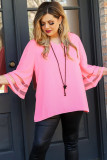 Pink Plus Size Mesh Striped Bell Sleeve Blouse