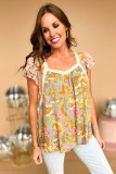 Multicolor Lace Trim Mix Floral Printed Contrast Ruffle Sleeve Blouse