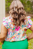 Multicolor Plus Sizie Striped Ruffle Sleeve Floral Blouse