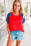 Red Lace Overlay Contrast Star Sleeve Flag Day T Shirt