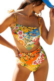 Multicolor Floral Print Overlap Bikini High Waist Swimsuit