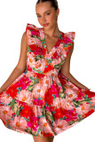Red Floral Sleeveless V Neck Frill Mini Dress