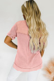Pink Acid Wash Waffle Knit Short Sleeve Buttoned Shirt