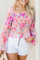 Pink Watercolor Abstract Print Pleated Long Sleeve Blouse