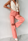 Pink High Waist Ripped Straight Leg Pocket Jeans