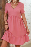 Pink V Neck Splicing Ruffle Dress 