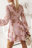 Pink V Neck Baggy Sleeve Waist Tie Double Layer Ruffle Hem Floral Print Short Dress
