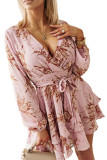 Pink V Neck Baggy Sleeve Waist Tie Double Layer Ruffle Hem Floral Print Short Dress