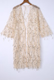 White Sequin Sheer Long Sleeve Open Front Kimono