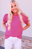 Rose Solid Color Smocked Puff Sleeve Blouse