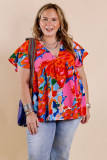Red Abstract Floral Print V Neck Plus Blouse