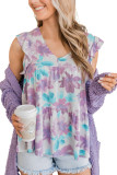 Purple Watercolor Floral Ruffled V Neck Tank Top