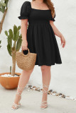 Square Neck Puff Sleeves Smocked Plus Size Dress 