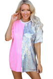 Pink Sequin Color Block Half Sleeve Shift Mini Dress