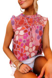 Rose Embroidered Detail Floral Print Ruffle Trim Tank Top