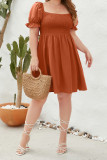 Square Neck Puff Sleeves Smocked Plus Size Dress 