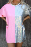 Pink Sequin Color Block Half Sleeve Shift Mini Dress