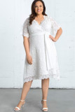 White Scalloped Lace Wrap V Neck Plus Size Dress