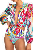 Plain Puff Hollow Out V Neck Floral One Piece Swimsuit